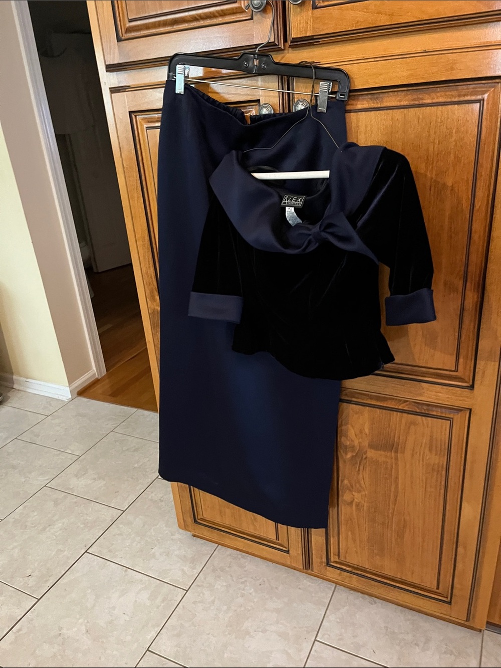 Alex Evenings Midnight Navy Velvet Top and Midi Skirt Set